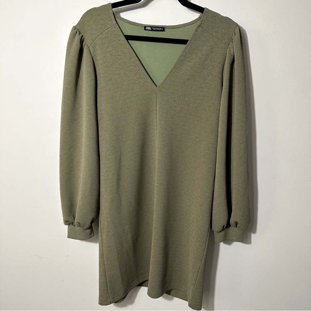 Zara Olive Green Textured Puff Sleeve V-Neck Dress Size Medium